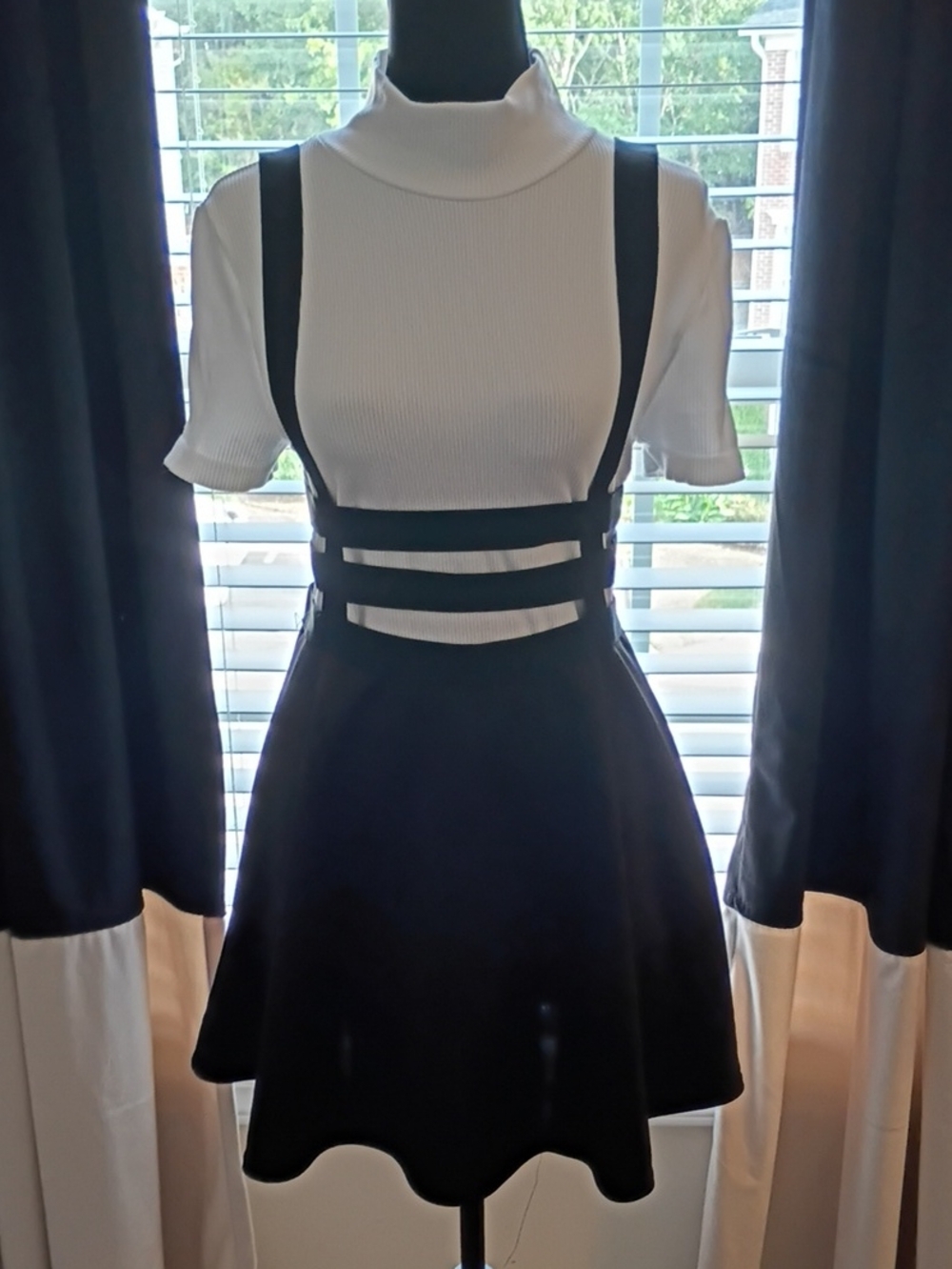 Black Strappy Suspender Skater Dress with White Mock Neck Top